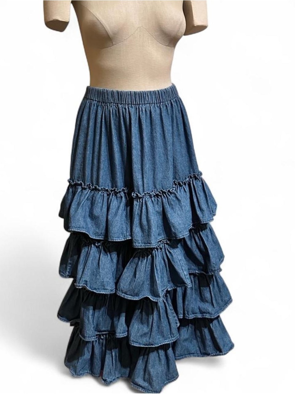 Vintage Tiered Denim Maxi Skirt with Ruffles and Elastic Waist